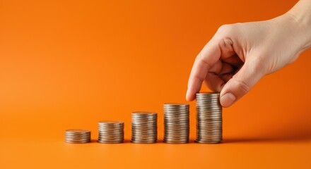 Hand stacking coins in ascending order over orange background Concept of financial growth