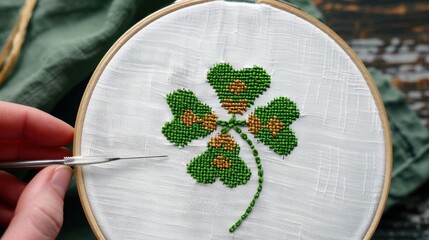 Hand Embroidering a Green Shamrock on White Canvas
