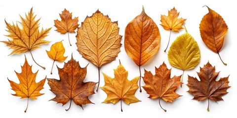 Obraz premium A beautiful assortment of autumn leaves on a stark white background, ideal for vector design applications and enhancing seasonal graphic projects