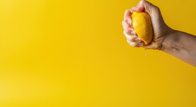 Hand squeezing fresh lemon against vibrant yellow background