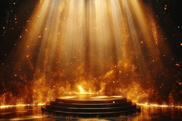 Round podium receiving golden rain of glitter and sparkles