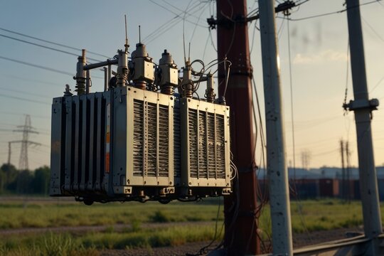 A transformer at an electrical substation. Transmission of electricity.