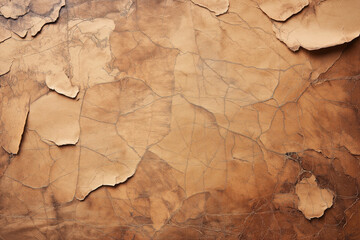 Fototapeta premium A close-up view of cracked, peeling paint on a wall, revealing various shades of brown and beige, with intricate patterns created by the cracks and textures.