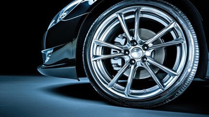 A black car tire with deep rubber tread mounted on a shiny alloy wheel, highlighted against a pure black background.