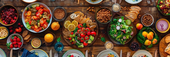A vibrant spread of healthy foods featuring fruits, vegetables, nuts, and balanced meals is arranged on a rustic wooden table. Generative AI