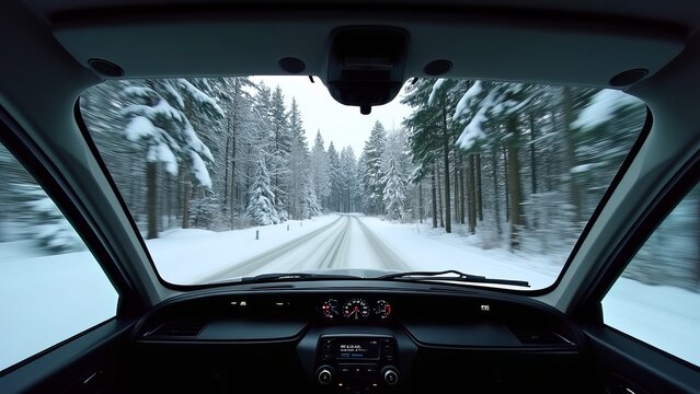 An unmanned vehicle equipped with artificial intelligence is driving on a winter road. View from the car interior to the road.