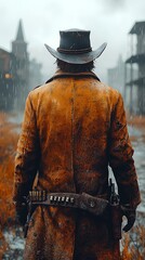 Lone Cowboy in Desolate Ghost Town Preparing for Showdown &ndash; Generative AI