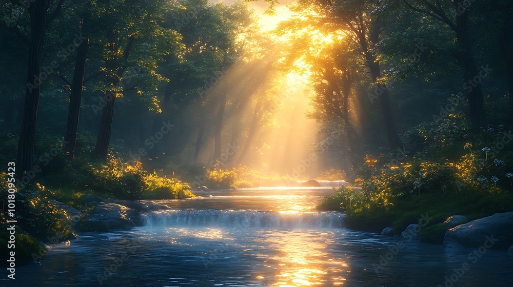 Poster sunbeams illuminate a forest stream with a small waterfall.