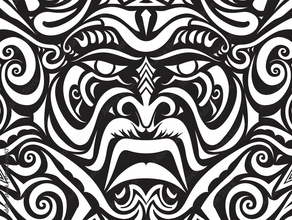 Poster polynesian tribal pattern with swirling waves and tiki faces in sharp black lines