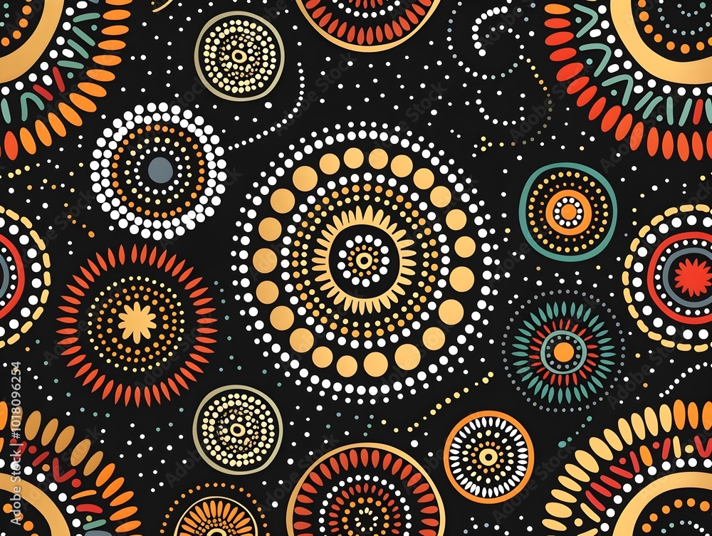Poster vibrant tribal pattern with concentric circles and dots representing waterholes and travel paths in 