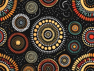 Vibrant Tribal Pattern with Concentric Circles and Dots Representing Waterholes and Travel Paths in Aboriginal Australian Art Style