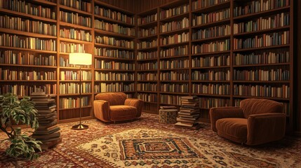 A cozy 70s reading lounge set in a corner of a library