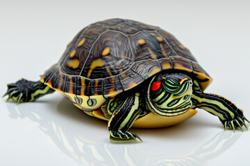 Naklejka premium Gray turtles in the river on the. Nature natural water concept. Close up of little turtles on white and greens. Close up of little turtles on white and gray with lifestyle green on river.