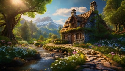 Naklejka premium A picturesque scene of a stone cottage nestled in a verdant forest, with a stone pathway leading to its inviting entrance