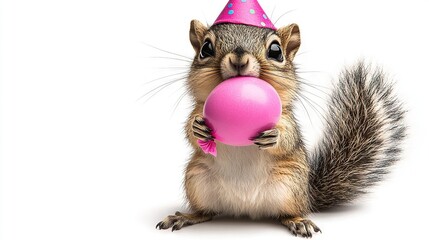   Squirrel with party hat and pink ball in mouth, standing on hind legs