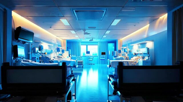Modern intensive care unit in blue light with empty hospital beds and medical equipment