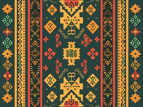 Vibrant Ethiopian Tribal Pattern with Cross Designs and Intricate Borders in Rich Color Combinations