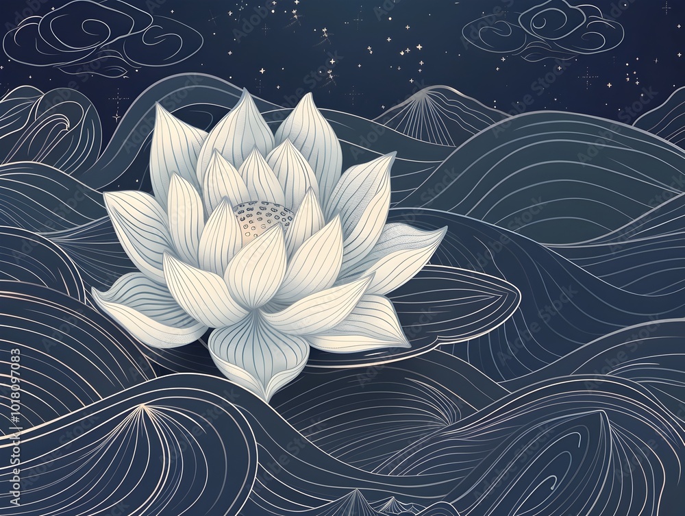 Poster elegant lotus flower pattern with flowing water motifs symbolizing purity and tranquility
