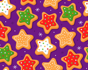 Seamless pattern with Christmas gingerbread cookies in shape of stars, purple background. Homemade Christmas cookies with sugar glazed. Pattern for New Year's wrapping paper, cards, decor, fabric.