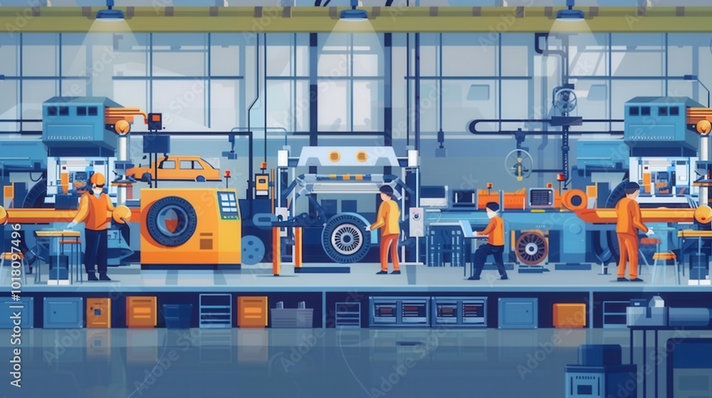 Poster Workers are engaged in manufacturing car parts, utilizing advanced machinery in a bustling automotive factory setting. Generative AI