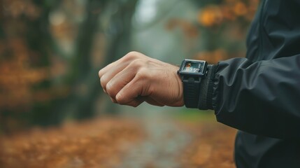 A person adjusting their fitness watch before starting a workout or exercise routine , wide background