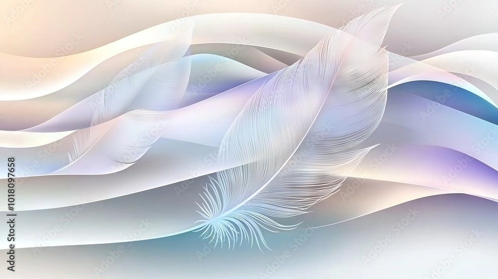 Poster a zoomed-in image of a snowy feather against a blue and white backdrop with a hazy water wave in the