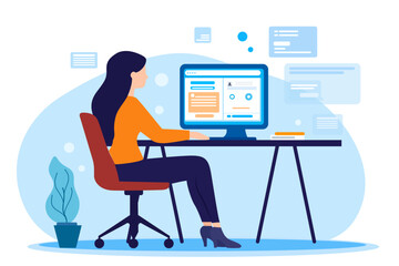 Woman sits at a desk looking at different websites working from home, vector illustration