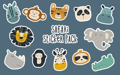 Funny animals safari sticker pack. Colorful illustrations of animals including lion, zebra, elephant, rhino and crocodile. © Anna Yakushenko
