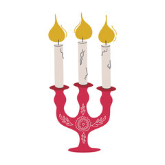Candles in Christmas candlestick. Vintage traditional Scandinavian style hygge home decor. Cozy home concept. Hand drawn naive art vector illustration.