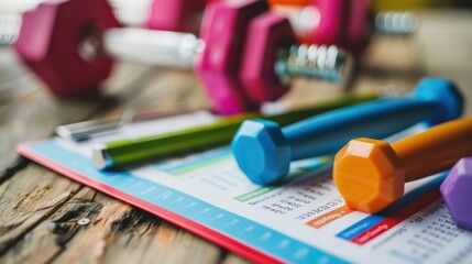 A close-up of a fitness planner or app displaying personal fitness goals , wide background