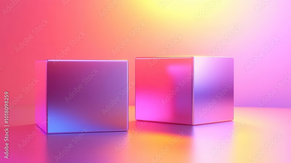 Poster two reflective cubes with vibrant lighting effects, creating an abstract aesthetic with colorful ton