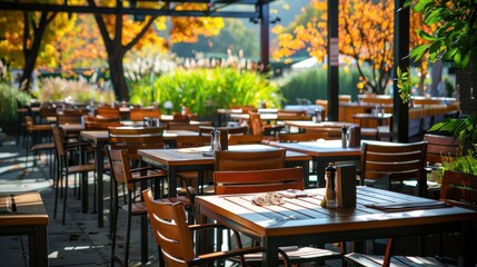 Outdoor Cafe Ambiance with Wooden Tables and Chairs