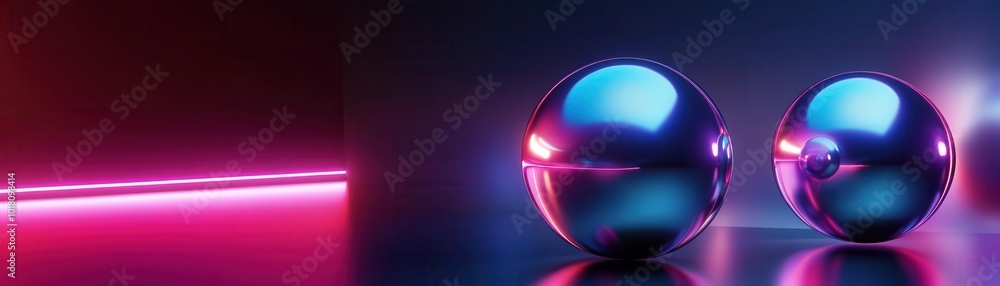 Poster two reflective spheres glowing under vibrant neon lights create a dynamic and modern visual composit