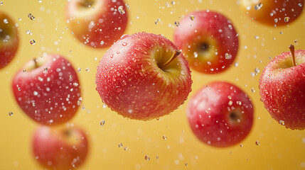 Apples falling in motion on a yellow background. Close-up of many apples falling in motion. AI generative
