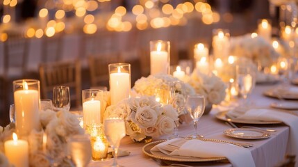 Elegant Wedding Reception Table Setting with Candles and Flowers