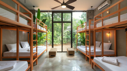 Modern dormitory room with six beds in orange bunk bed setup, minimalist design, white bed linens, ceiling fan, large window with view of greenery, and seating area. 