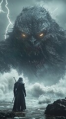 Lone Warrior Facing Massive Sea Monster on Stormy Beach &ndash; Generative AI