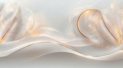   A close-up of a white and gold wallpaper with a large feather on its left side