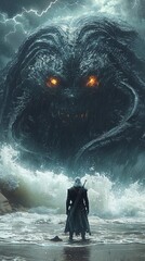 Lone Warrior Facing Massive Sea Monster on Stormy Beach &ndash; Generative AI