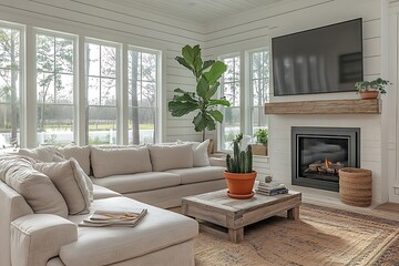 Fototapeta premium Cozy living room with modern decor and natural light.