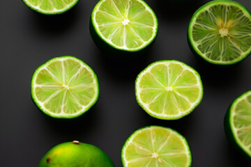 Of oranges, limes, and citrus. fruit fresh drink concept. two halves of a lime on a with greens. a man is putting oranges, limes, and citrus on a lifestyle of and green.