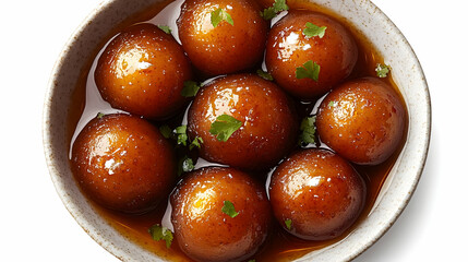 A bowl of sweet dessert balls in syrup, garnished with herbs.
