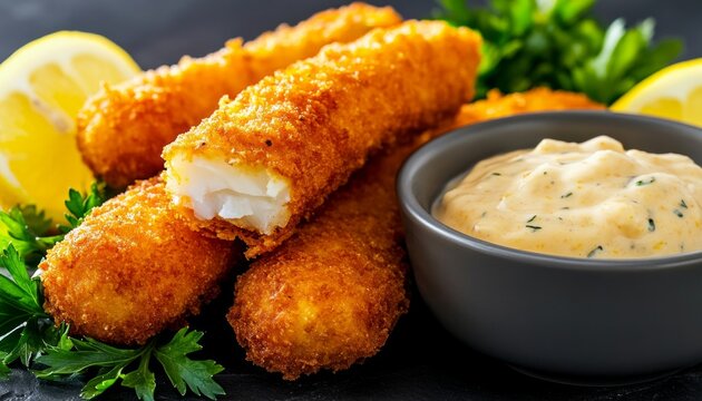 Fried fish sticks in breading and sauce