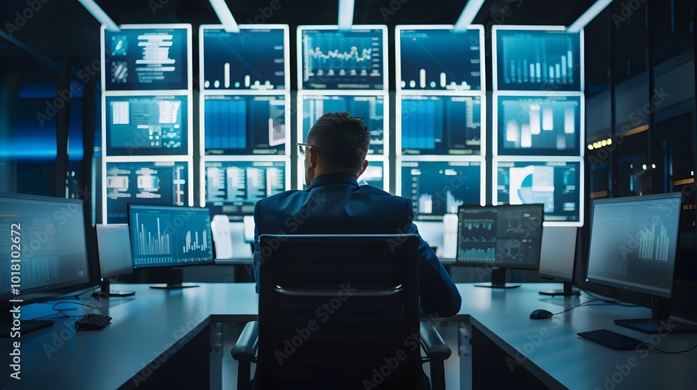 Poster business leader analyzing data insights on multiple monitors in high tech office