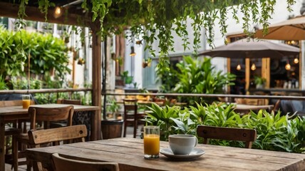 Fototapeta premium Peaceful café setting featuring wooden tables and hanging lights