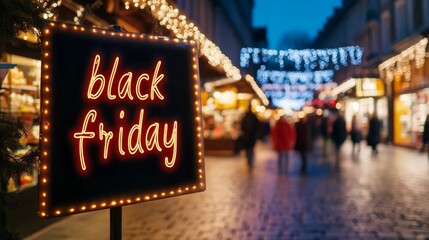 Black Friday sign with blurred image of street Christmas market