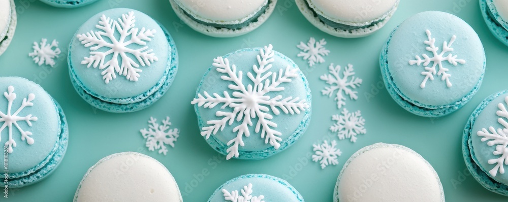 Wall mural christmas snow macaroons on color background,french macaroons for a christmas retail display,christm