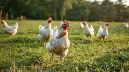 Fototapeta premium Free Range Hens Grazing at Sunset on a Farm