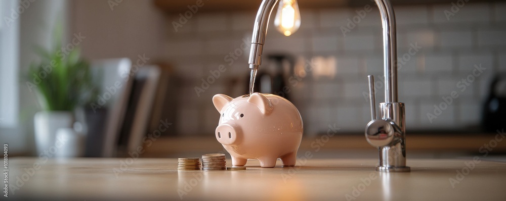 Wall mural a piggy bank with coins under a kitchen faucet, concept of saving money.