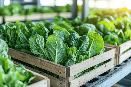 Fresh lettuce in wooden crates at a market, vibrant green leaves.